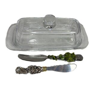 Clear Glass Butter Dish With Lid Rectangular Design w/ 2 stainless butter knives